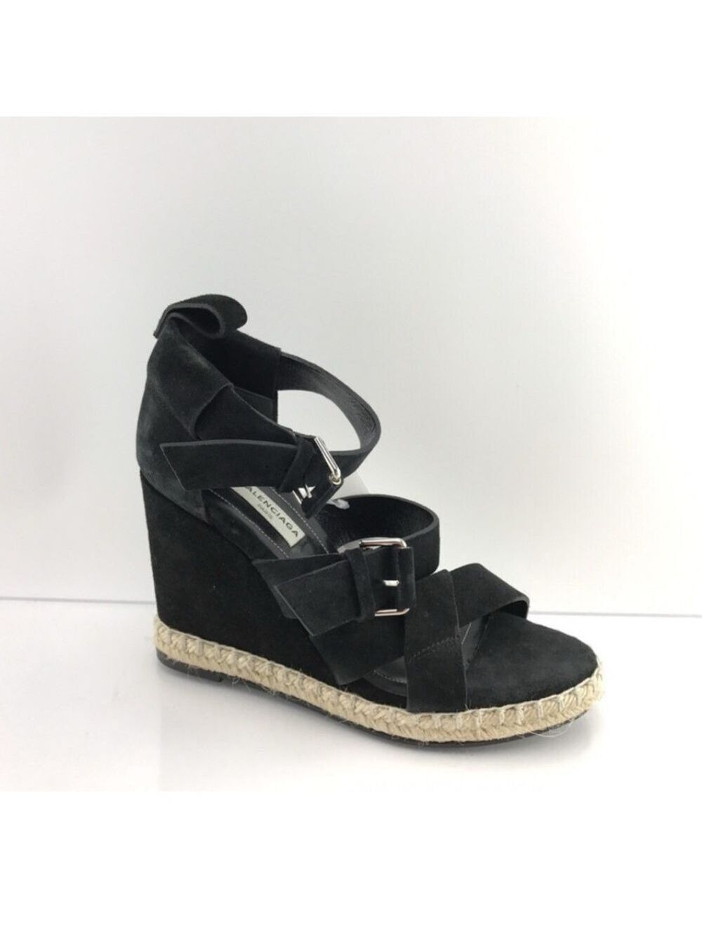 Balenciaga Black Suede Espadrille designer Wedge Sandals size 38 women’s 7